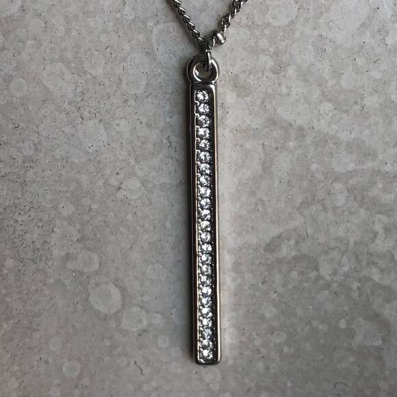 Classic Timeless Silver Plated Small Beads Cubic Zirconia Bar Pendant Necklace - Picture 7 of 15